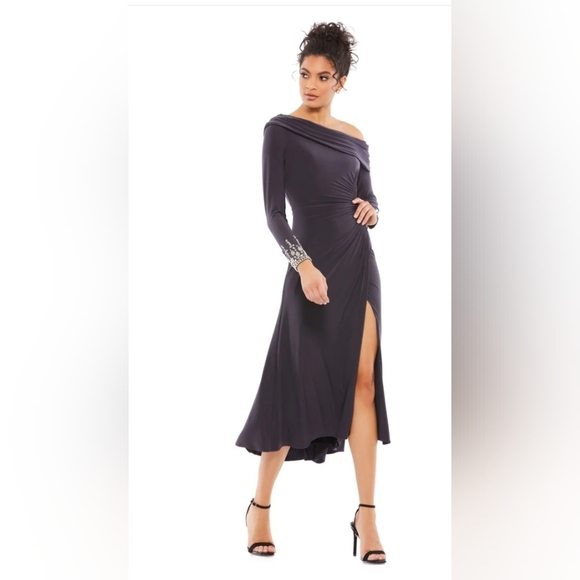 Ieena for Mac Duggal,Foldover Long Sleeve Jeweled Midi Dress,Charcoal,Size 8,NWT - Picture 1 of 16